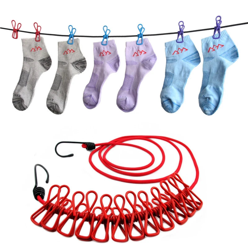 12 clips Cloth Line rope hang portable - Elastic, Windproof Eco-Friendly for Travel Home Use (random color)