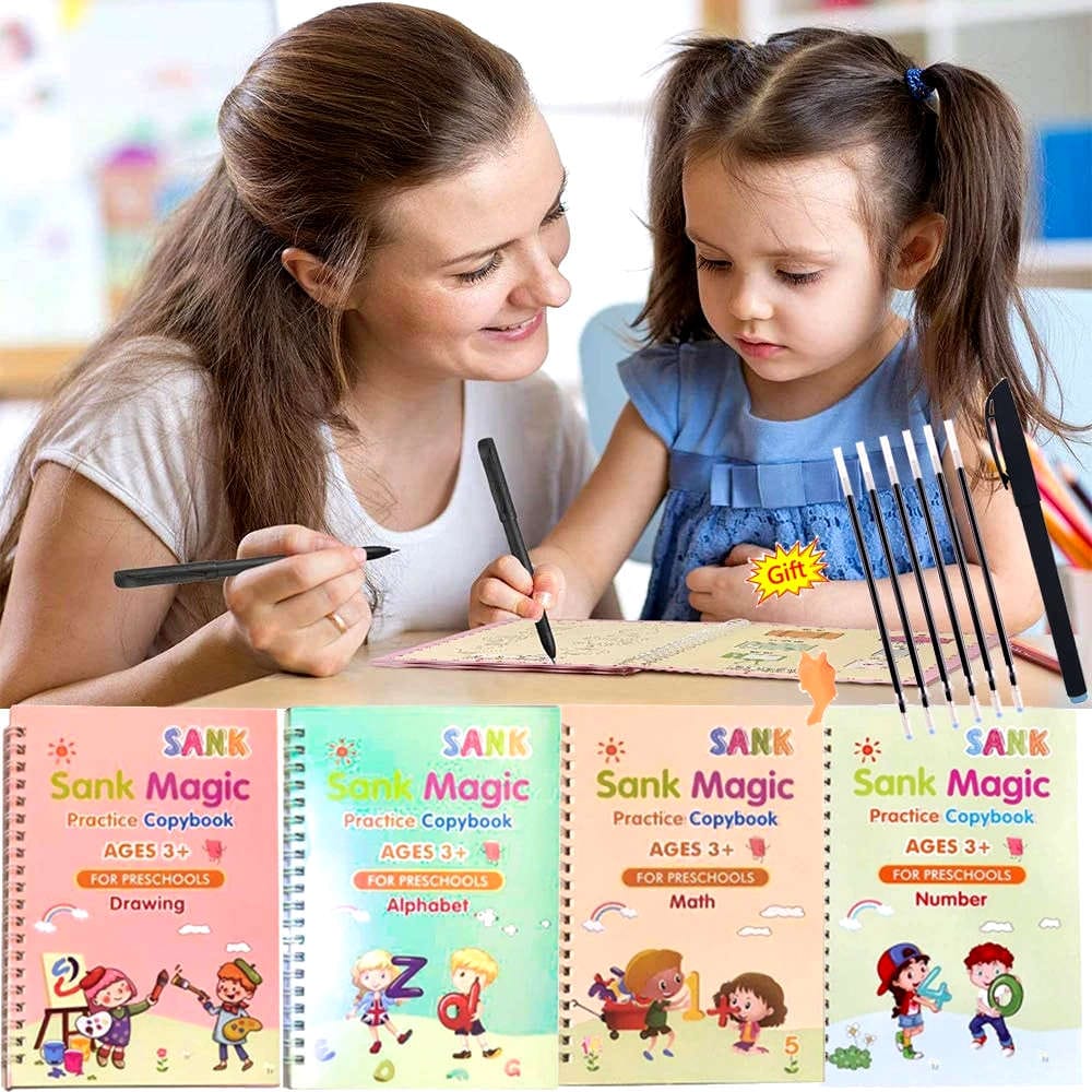 Pack of 4 Sank Magic book Practice | Tracing Handwriting First Pre-school Baby Learning Books for Kids (Books + Magic Pen with 10 Ink Refills)