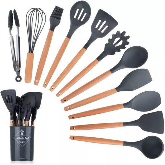 12 Pcs Silicone Cooking Utensils Kitchen Utensil Set |  Turner Tongs,spoon,brush,whisk-wooden Handle – Random Color