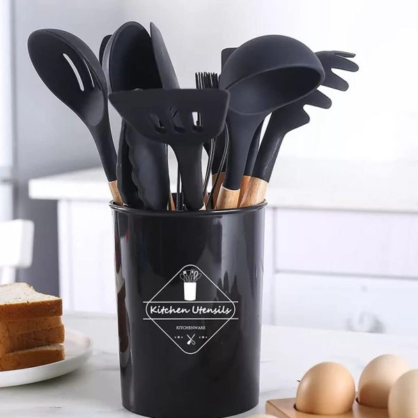 12 Pcs Silicone Cooking Utensils Kitchen Utensil Set |  Turner Tongs,spoon,brush,whisk-wooden Handle – Random Color