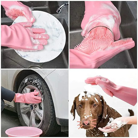 Silicone Washing Full Finger Gloves - For Home (Random Colors)