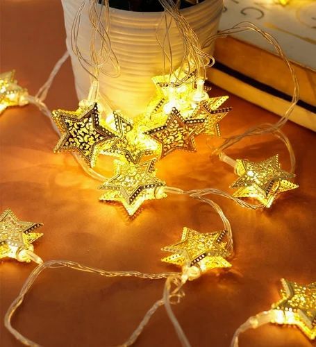 Mega Power 3 Meter 10  LED Warm White Metal Star String Lights For Home And Eid Decor., Plug-In