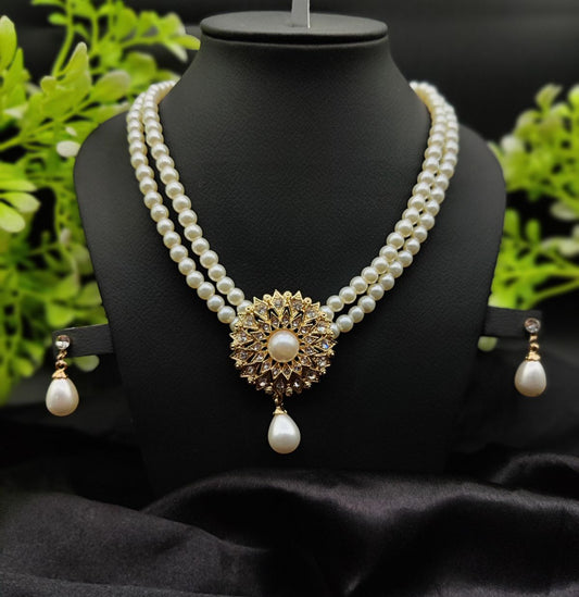 Imported Radiant Double-Layered Pearl Necklace with Golden Sunburst Pendant | Girls &amp; Women Fashion